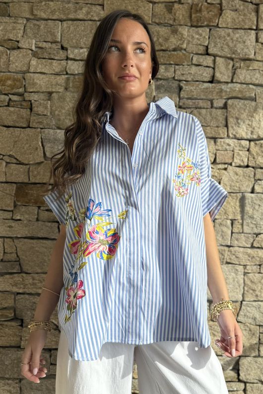 Zeta Otto Floral Bouquet Shirt Block Stripe